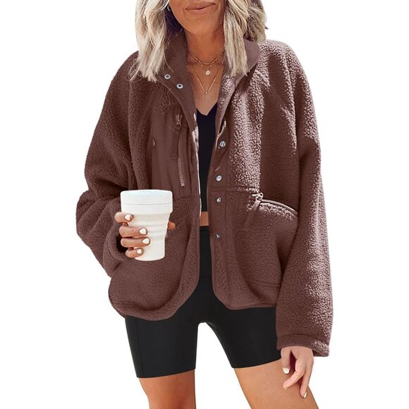 Jackets & Blazers - Women's Red Brown Fuzzy Fluffy Fleece Vest Jacket Coats Winter Warm Outwear